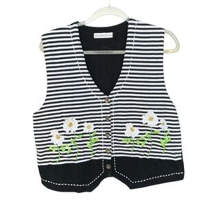 VTG Victoria Jones Kitschy Striped Daisy Vest Black White Embroidered Teacher